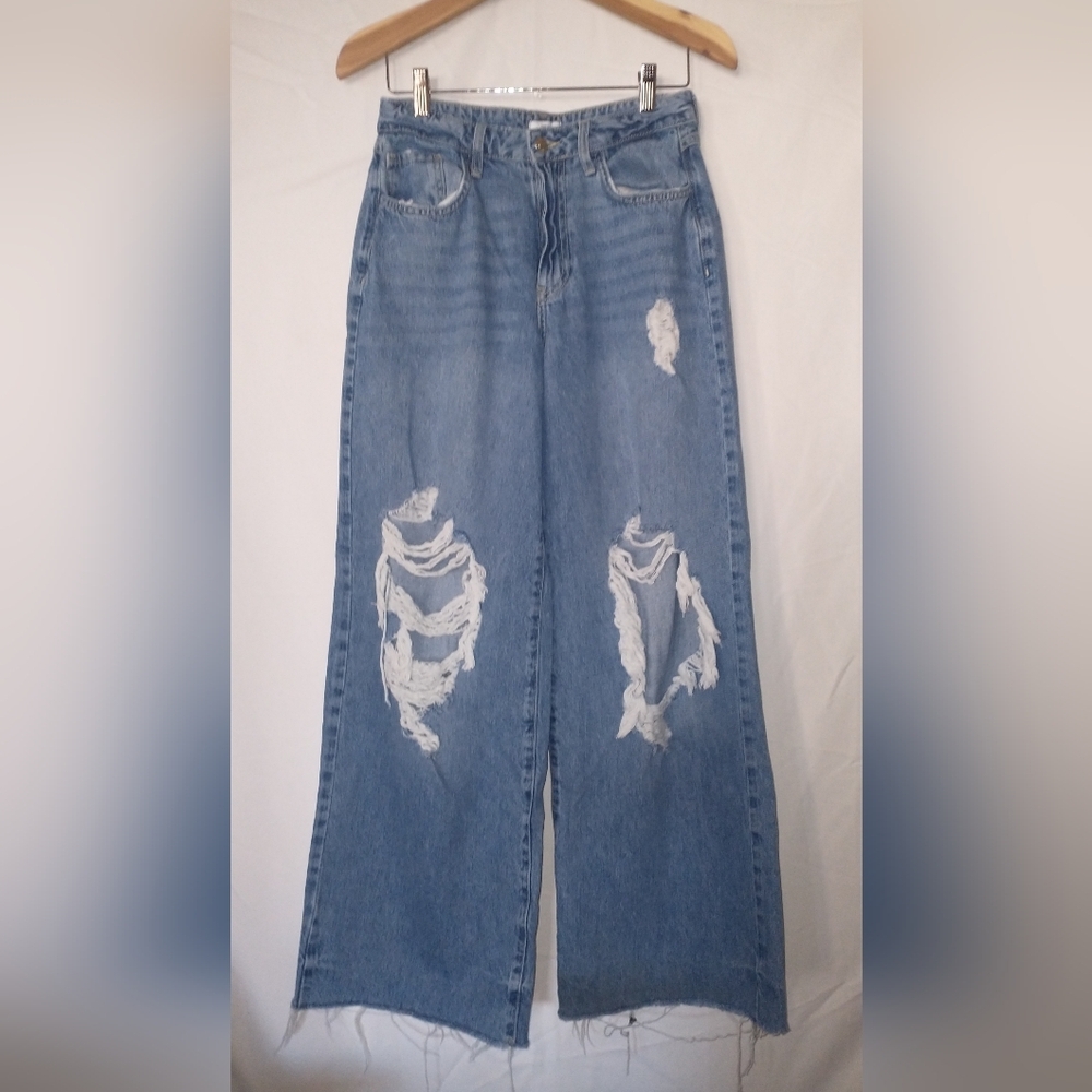 Forever 21 Super Wide Leg Baggy High Waisted Distressed Blue Women's Jeans 28